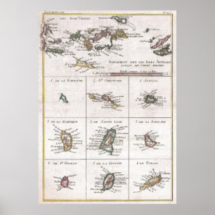 Poster Ilhas do vintage do mapa das caraíbas (1780)