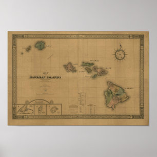 Poster Ilhas havaianas, 1876, mapa de Havaí do vintage