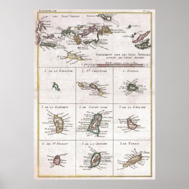 Poster Ilhas Vintage do Mapa do Caribe (1780) (Frente)