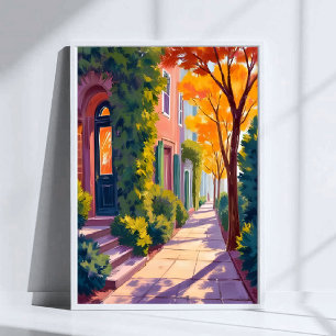 Poster Iluminação da Rua da Cidade de Outono Aquarela d