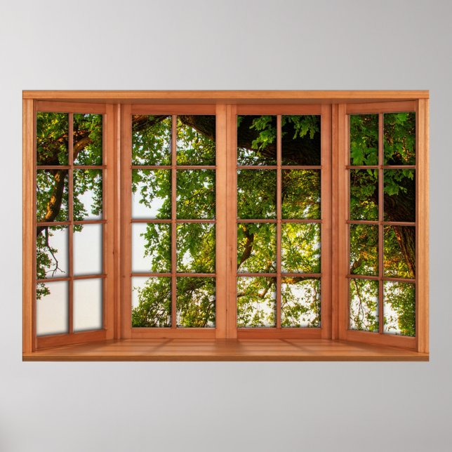 Poster Ilusão da janela falso de árvore de carvalho de gr (Frente)