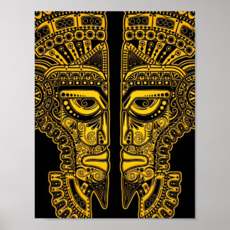 Poster Ilusões de máscaras amarelas maias em preto