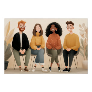 Pôster Ilustração Aconchegante de Amigos Diversos Sentado
