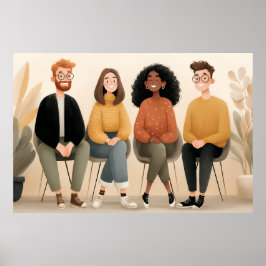 Poster Ilustração Aconchegante de Amigos Diversos Sentado