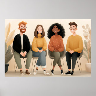 Poster Ilustração Aconchegante de Amigos Diversos Sentado