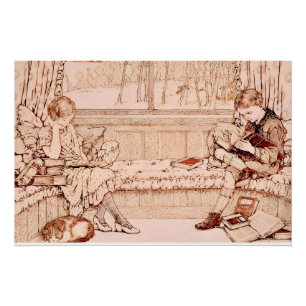 Pôster Ilustração aconchegante de crianças vintage lendo