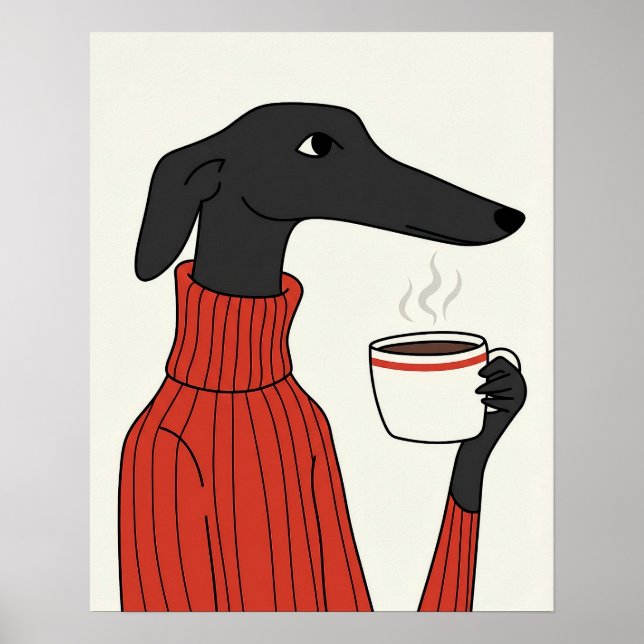 Poster Ilustração Aconchegante do Saluki com Café (Frente)
