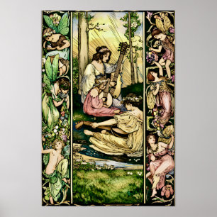 Poster Ilustração Antiga de Músicos Fadas Art Nouveau