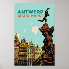 Poster Ilustração Antuérpia Grote Markt Bélgica