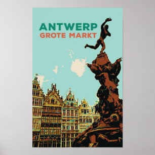 Poster Ilustração Antuérpia Grote Markt Bélgica
