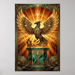 Poster Ilustração Art Déco da Fênix Dourada Ascendente
