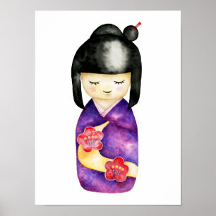 Poster Ilustração bonito da aguarela da boneca de Kokes