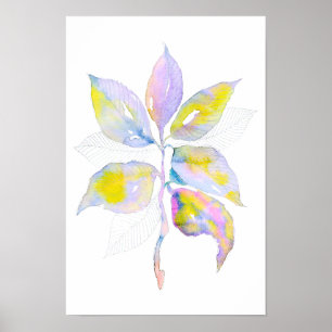 Poster Ilustração Botânica de Folhas em Aquarela Pastel