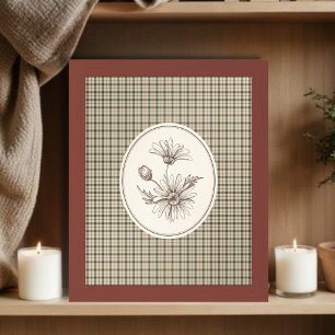 Poster Ilustração Botânica Floral Xadrez Vintagem