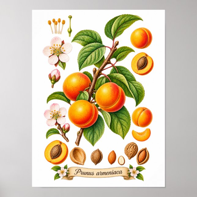 Poster Ilustração Botânica Vintage de Damasco (Frente)