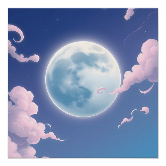 Pôster Ilustração caprichosa e fofa da lua no céu noturno (Frente)