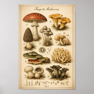 Poster Ilustração Científica de Fungos Vintage