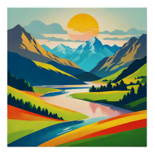 Pôster Ilustração Colorida da Paisagem da Montanha Retroa
