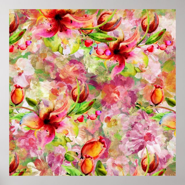 Pôster Ilustração Colorida de Aquarelas Summer Lily (Frente)