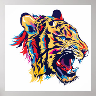 Poster Ilustração colorida de cabeça de tigre em rugosida