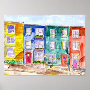 Poster Ilustração Colorida de Casas em Fila com Aquarela