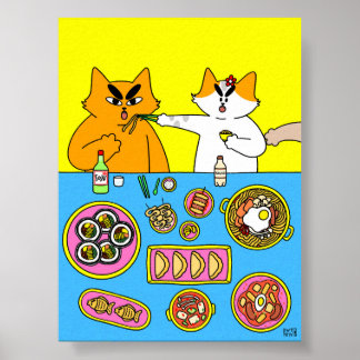 Poster Ilustração Colorida de Gato Comendo Comida Coreana