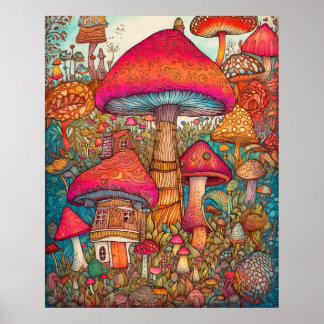 Poster Ilustração Criativa de Cogumelo Psicodélico Retro
