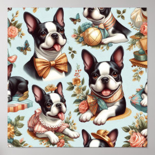 Poster Ilustração Cute Vintage de Boston Terrier