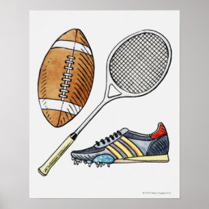 Poster Ilustração da bola de rugby, raquete de tênis,