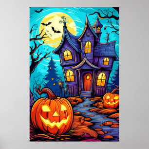 Poster Ilustração da Casa de Halloween Festivo