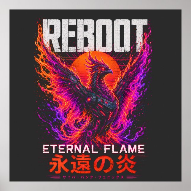 Poster Ilustração da Chama Eterna – Fênix de Fogo Neon (Frente)