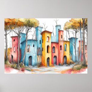 Poster Ilustração da Fortaleza do Castelo Desenho de Cor 