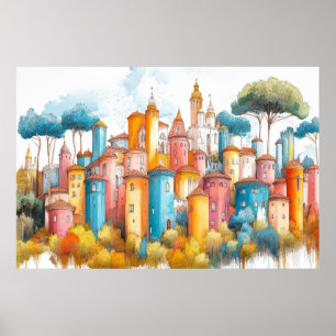 Poster Ilustração da Fortaleza do Castelo Desenho de Cor 