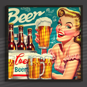 Poster Ilustração da Garota da Cerveja Vintage