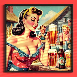 Poster Ilustração da Garota de Cerveja Retro
