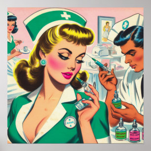 Poster Ilustração da Menina de Enfermeira Retro