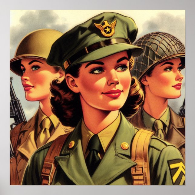 Poster Ilustração da Mulher Soldier Vintage (Frente)