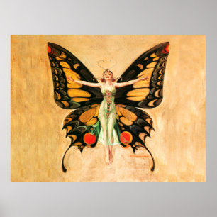 Poster Ilustração da Mulher Voando Borboleta Flapper