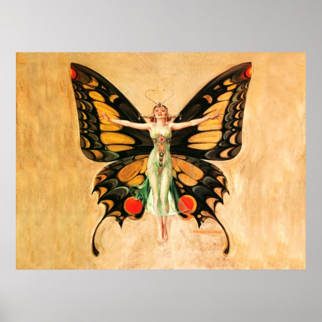 Poster Ilustração da Mulher Voando Borboleta Flapper (Frente)