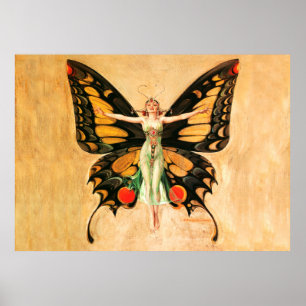 Poster Ilustração da Mulher Voando Borboleta Flapper