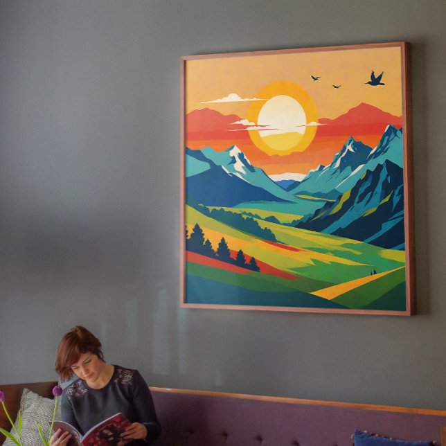 Pôster Ilustração da Natureza da Paisagem da Montanha Ret (Vibrant Mountain Morning with Rising Sun Poster)