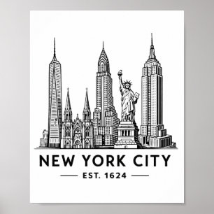 Poster Ilustração da Silhueta de Nova York com Estátua da