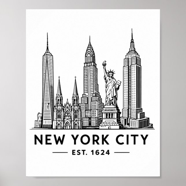 Poster Ilustração da Silhueta de Nova York com Estátua da (Frente)
