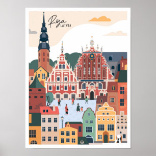Poster Ilustração da Viagens vintage de arte Riga Latvia