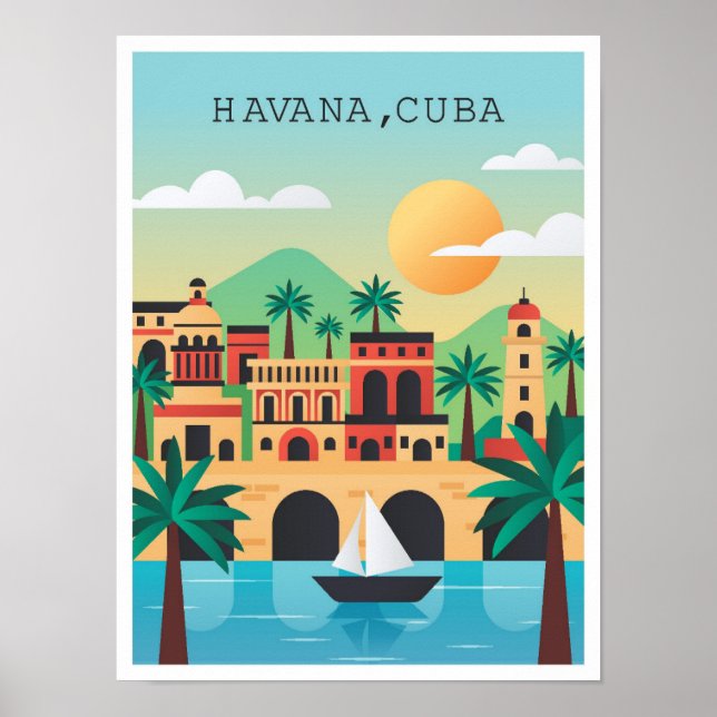 Poster Ilustração da Viagens vintage de Havana Cuba (Frente)