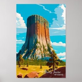 Poster Ilustração da Viagens vintage Devils Tower Wyoming