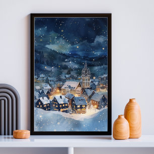 Pôster Ilustração da vila noturna na neve