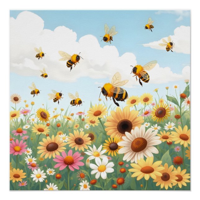 Pôster Ilustração de abelhas e flores fofas (Frente)