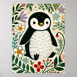 Poster Ilustração de Amantes de Pinguins com Flores Silve