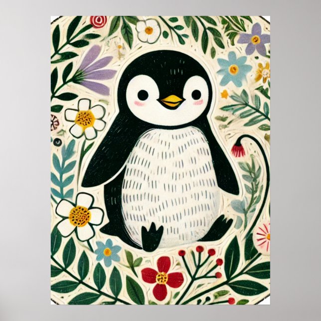Poster Ilustração de Amantes de Pinguins com Flores Silve (Frente)